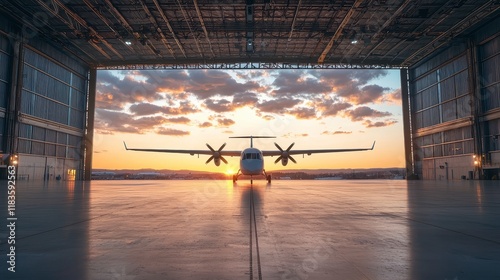 Twin Turboprop Airplane at Sunset in Hangar Aviation Transportation Travel