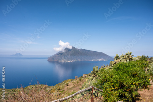 View of the islands of Alicudi and Filicudi from Lipari in the Aeolian Islands archipelago in Sicily