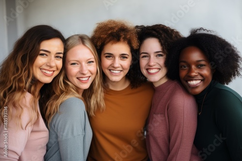 Five diverse young women are smiling and embracing, celebrating friendship and inclusivity