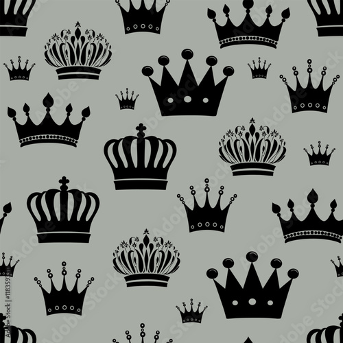 Seamless Crown Pattern in Black on Gray Background. Monochrome Royal Crown Design with Elegant Styles. Black Crown Silhouettes Repeating on Gray Background