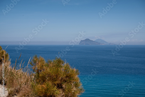 View of the islands of Alicudi and Filicudi from Lipari in the Aeolian Islands archipelago in Sicily
