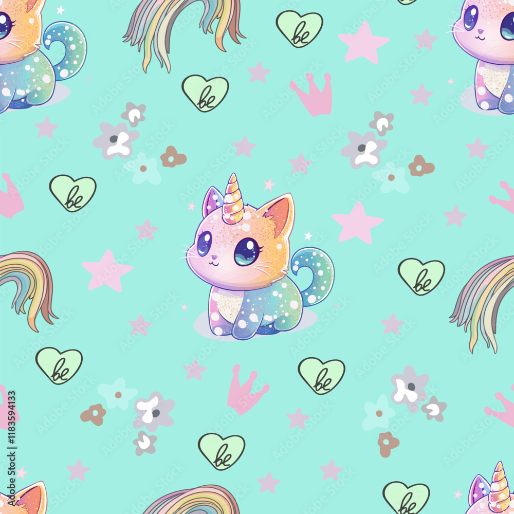 Fototapeta premium Seamless Pattern with Rainbow Cats and Unicorns. Cute Pastel Unicorn Cats and Melting Rainbows. Adorable Kawaii Caticorns with Stars and Rainbows