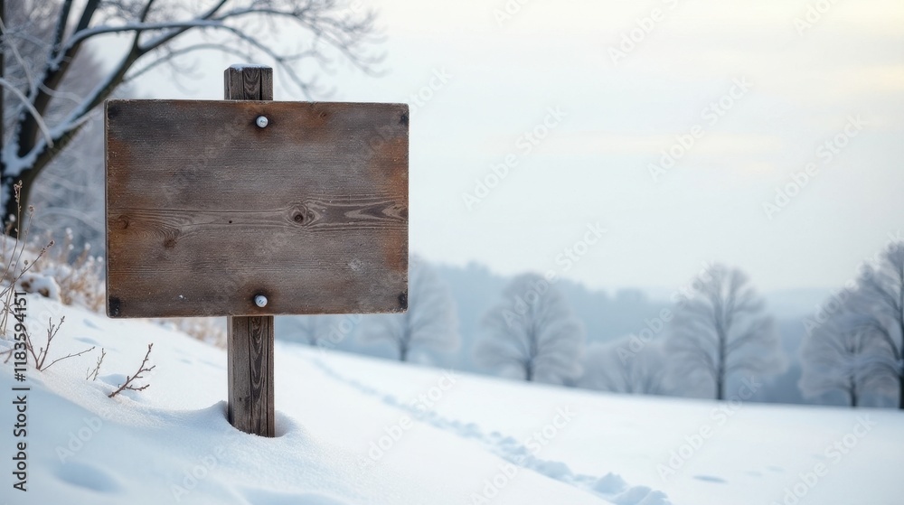 Naklejka premium Blank Wooden Signpost in Snowy Winter Landscape, Perfect for Your Message