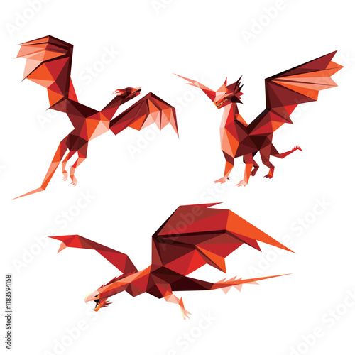 Flying Dragon in Polygonal Graphic Vector. Angry Dragon Low Poly Vector Illustration. Dragon Illustration Vector Low Poly Good for Kids Coloring Book.