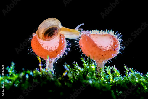 Snail and mushrooms on the moss photo