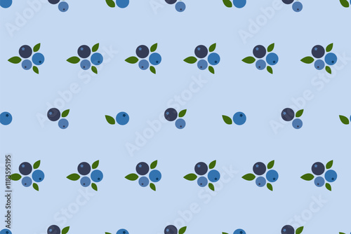Blueberry Seamless Pattern Background. Blueberries on twig endless design. Forest berries pattern. Ingredient for dessert, smoothie. Healthy eating, vitamin, vegan. Flat vector background