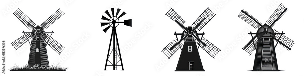 Fototapeta premium Collection of traditional and modern wind turbine or windmill silhouettes set against a minimalist monochrome rural landscape background Renewable energy eco friendly and sustainable power concepts