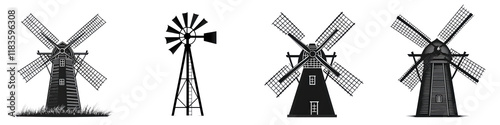 Collection of traditional and modern wind turbine or windmill silhouettes set against a minimalist monochrome rural landscape background  Renewable energy eco friendly and sustainable power concepts photo