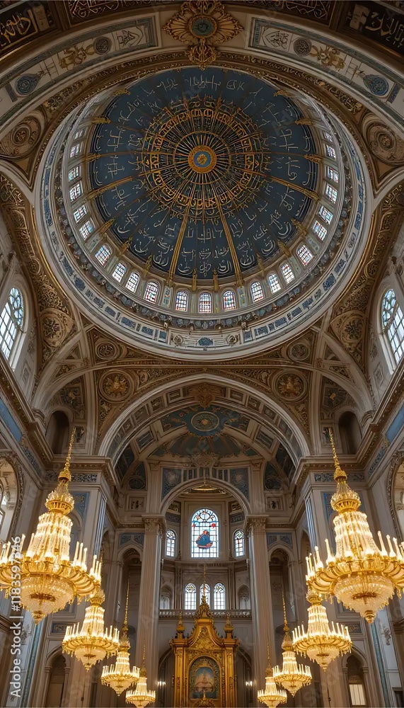 Fototapeta premium Ornate Mosque Dome: Golden Chandeliers and Celestial Blue