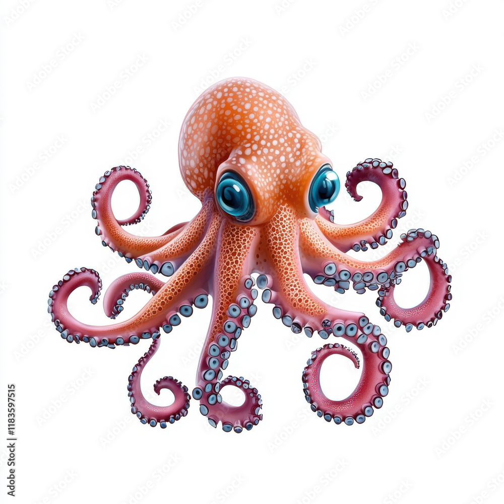 Obraz premium Adorable Octopus with Big Eyes, Curled Tentacles against a White Background
