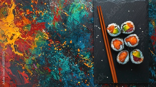 Colorful Sushi Delight: Six Pieces of Exquisite Sushi on a Vibrant Background