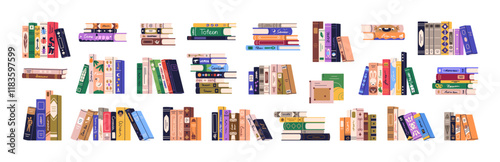 Books set. Novels and education literature for reading. Library, encyclopedia, dictionary rows and stacks, cover spines for knowledge and study. Flat vector illustration isolated on white background