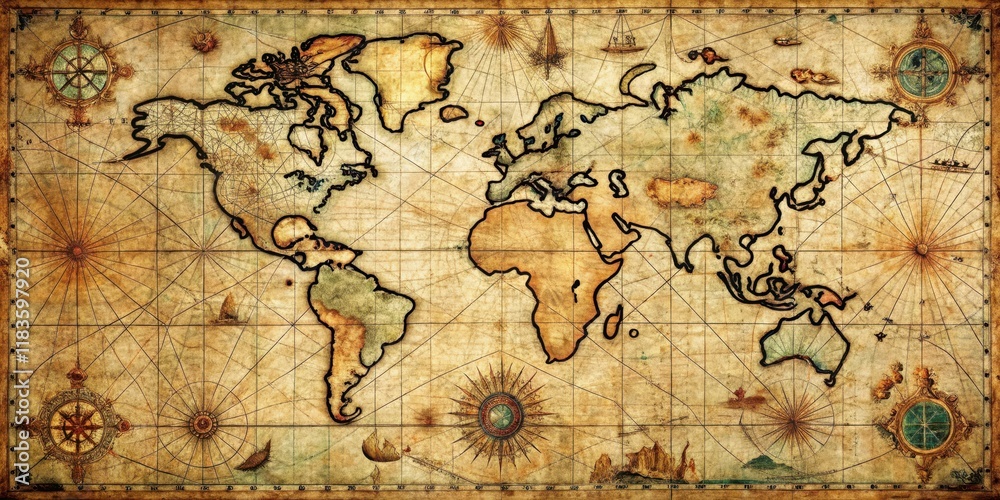 Fototapeta premium Vintage oceanic chart with detailed coastal features and sea routes, navigational tools