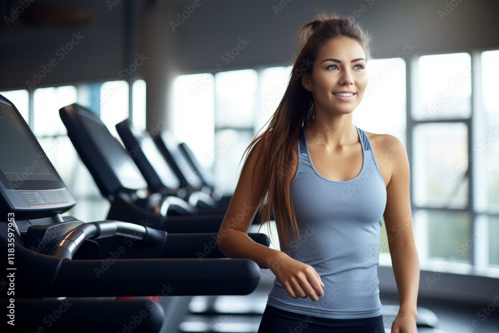 Fototapeta premium Young sportswoman walking on treadmill in gym smiling and looking away