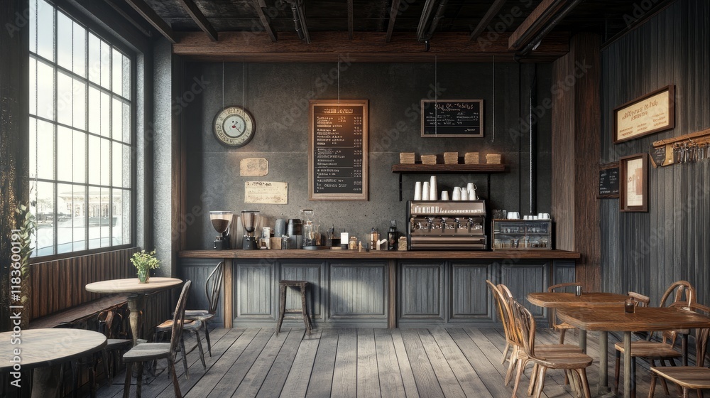 Rustic coffee shop with wooden floors, gray paneling, and vintage decor, offering a nostalgic and warm atmosphere