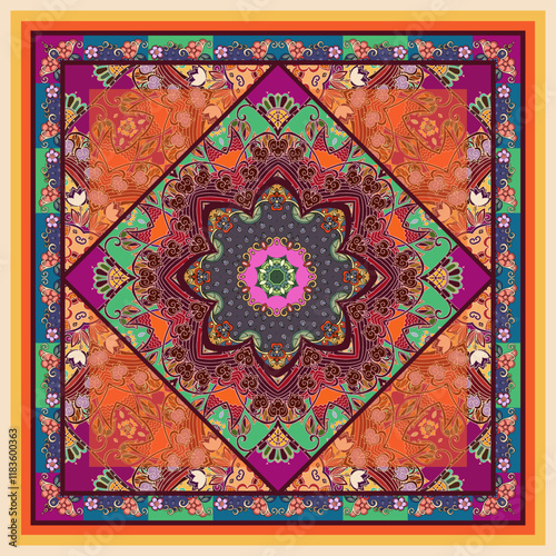 Ornamental silk scarf with floral mandala and decorative border. Tapestry, carpet, pillowcase in ethnic style. Fantasy pattern.