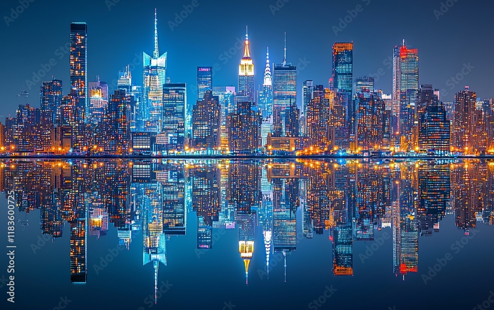 Fototapeta premium Night cityscape panorama with perfect reflection.