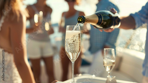 Group of friends having fun together and drinking champagne while sailing in the sea on luxury yacht celebrating the New Year