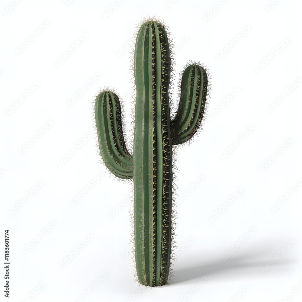Green Cactus with Ribbed Texture and Multiple Arms in Plain Background.