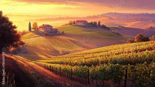 Tuscan Vineyard Sunrise: Golden Hills and Rolling Vines