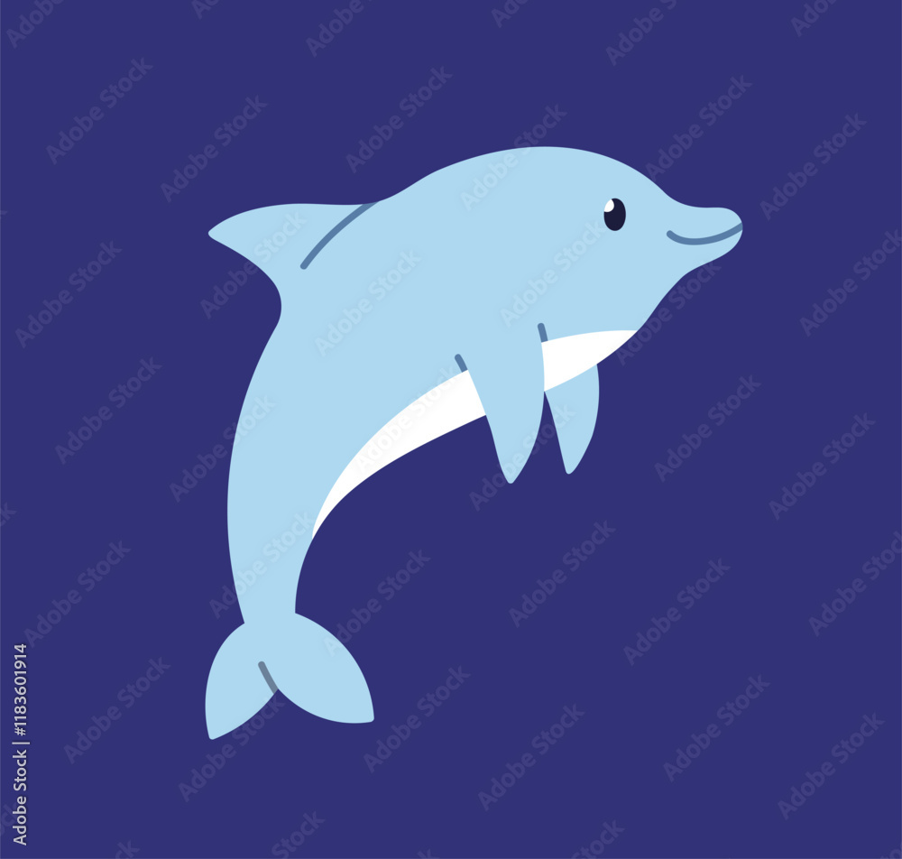 Fototapeta premium Dolphin, cute marine animal. Happy aquatic fauna, mammal swimming underwater in ocean, under sea water. Adorable kawaii tropical baby fish character undersea. Flat vector illustration