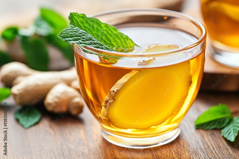 Hot tea with ginger and mint on wooden table Hot tea with ginger and mint on wooden table