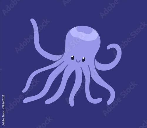 Cute octopus, marine animal. Happy baby kraken smiling, swimming underwater i...