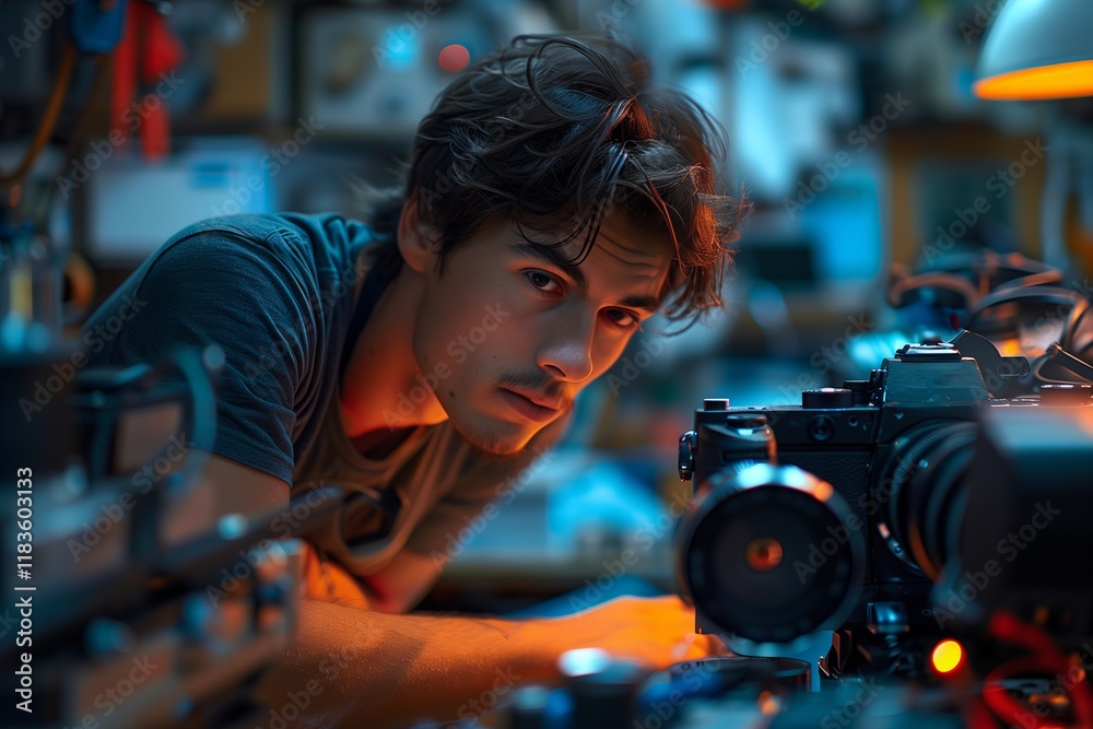 A focused technician exploring intricate electronics in a modern workshop, illuminated with a warm glow. A focused technician exploring intricate electronics in a modern workshop, illuminated with a warm glow.