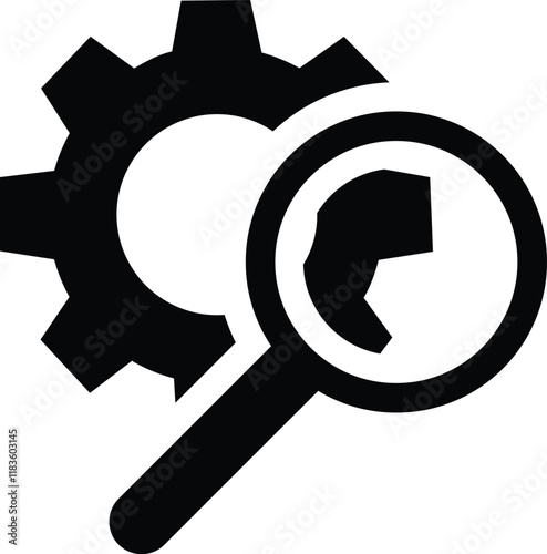 Search Settings, Tool Inspection, setting icon on magnifying glass vector illustration