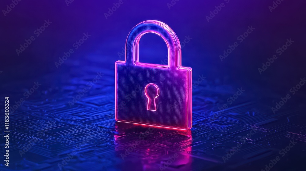 Fototapeta premium A glowing digital padlock symbolizes security and protection in a vibrant, tech-inspired environment.