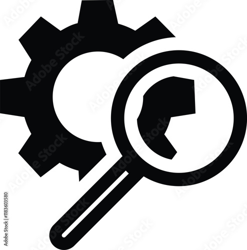 Search Settings, Tool Inspection, setting icon on magnifying glass vector illustration