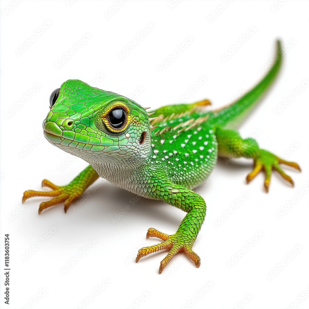 Fototapeta premium Vibrant Emerald Lizard on White: A Close-Up Portrait