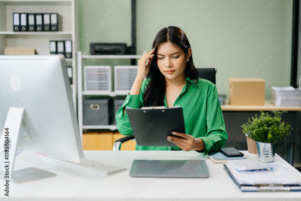 Business woman is stressed, bored, and overthinking from working on a tablet Business woman is stressed, bored, and overthinking from working on a tablet