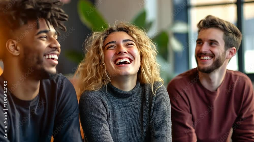 Young people at modern office sitting together laughing smiling Young people at modern office sitting together laughing smiling