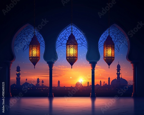 Sunset view from ornate arched doorway with hanging lanterns. photo