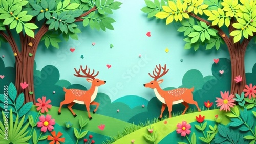 Wallpaper Mural Papercraft Deer Couple in a Spring Meadow Landscape Featuring Lush Greenery and Vibrant Flowers Torontodigital.ca