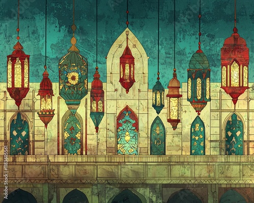 Colorful hanging lanterns illuminate an ornate building facade at night.