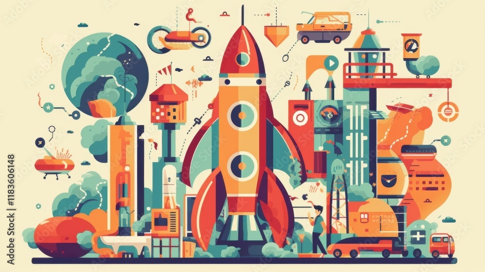 Obraz premium A Futuristic Cityscape Featuring a Giant Rocket Launch Preparation: A Vibrant Illustration of Innovation and Progress