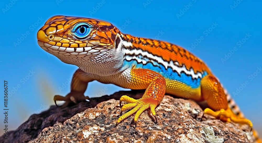 Vibrant ornate lizard posed on a rock in natural habitat. Vibrant ornate lizard posed on a rock in natural habitat.