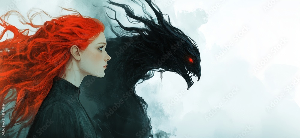Fototapeta premium Red-haired woman facing dark creature, contrasting emotions of light and darkness, fantasy art, mystical atmosphere, intense gaze, ethereal background, copy space for text