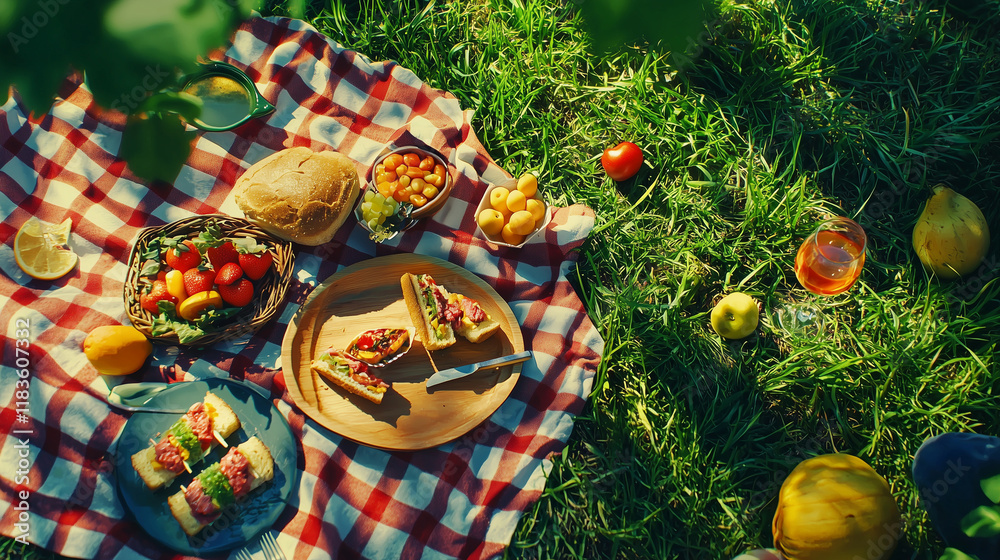 Fototapeta premium A picnic blanket on a grassy field featuring sandwiches cut into fun shapes, colorful fruit skewers, and a playful checkered tablecloth. A cheerful and inviting outdoor feast perfect for all ages.