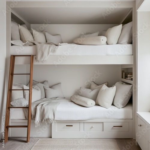 Built in bunk beds with neutral bedding and drawers photo