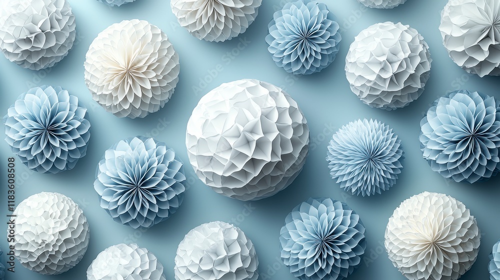 Abstract pastel blue and white paper spheres and flowers on a light blue background. Abstract pastel blue and white paper spheres and flowers on a light blue background.