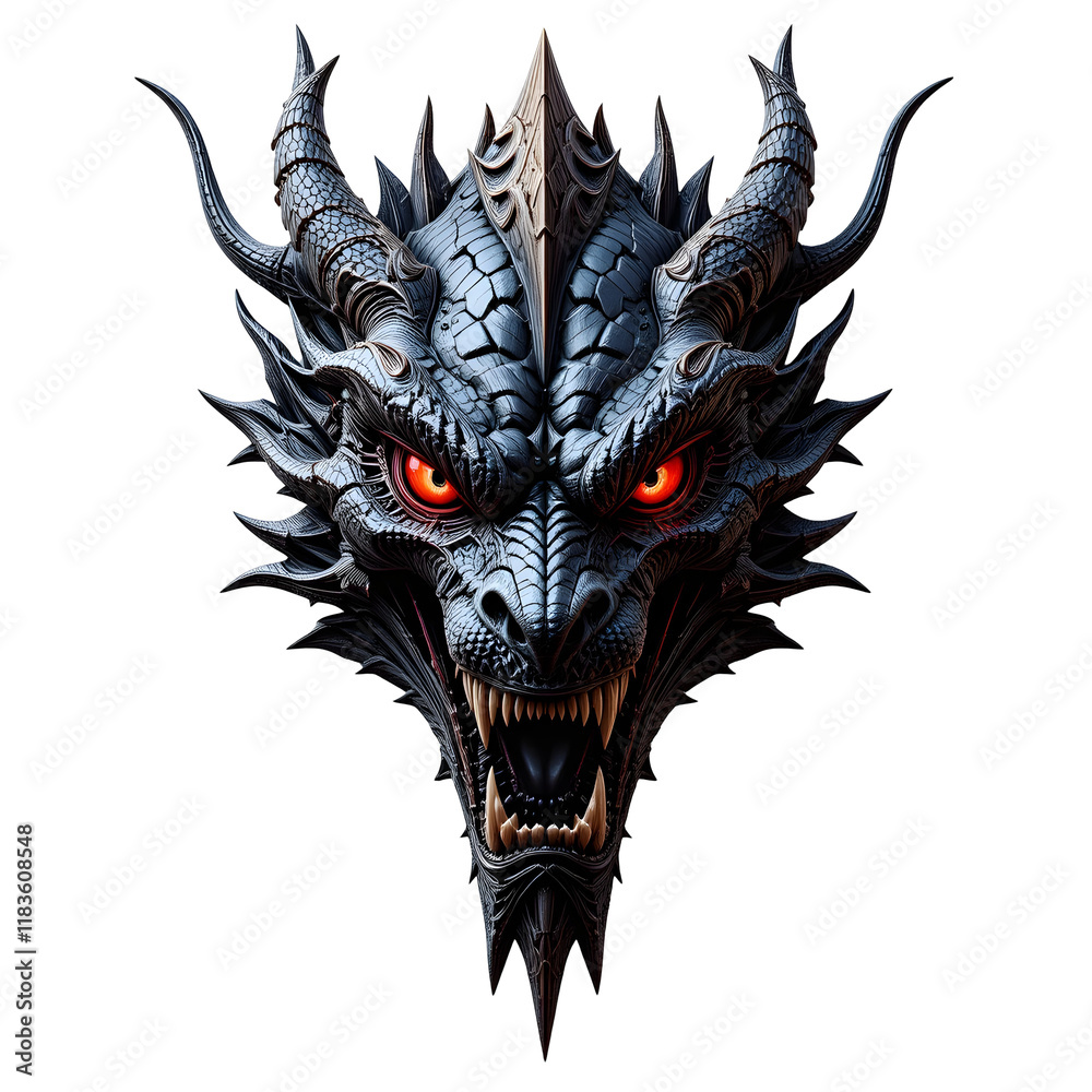Dragon Face with Scary Look on White Background