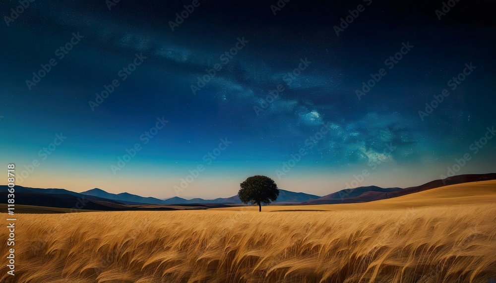 Obraz premium A solitary tree stands in a vast golden wheat field under a breathtaking night sky filled with stars and a faint Milky Way, mountains forming a tranquil backdrop
