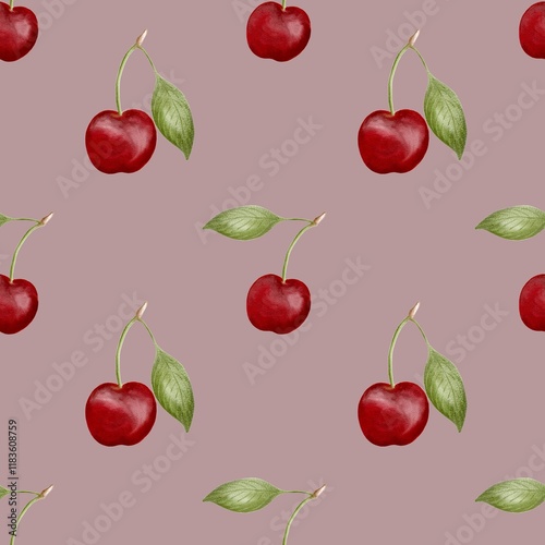 Seamless cherry print design in watercolor style for textile and packaging projects