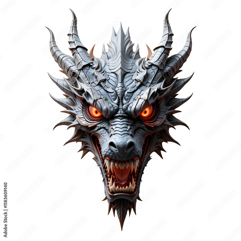 Dragon Face with Scary Look on White Background Dragon Face with Scary Look on White Background