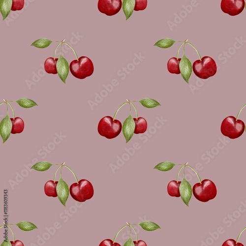 Cherry pattern design in watercolor for textile and packaging applications