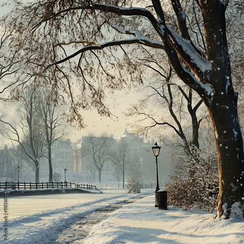 Snow covered benches and trees in Washington Park photo