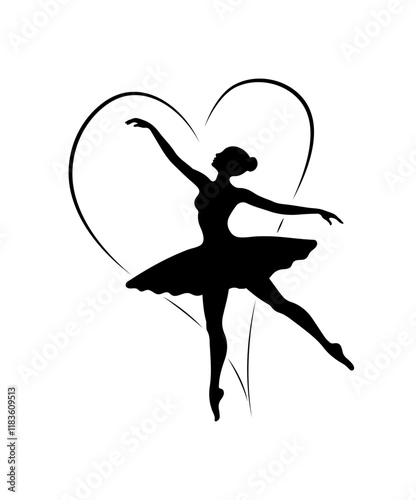 Silhouette of a ballerina dancing gracefully inside a heart-shaped design.